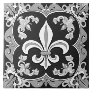 Carreau Fleur de Lis en céramique noir et blanc