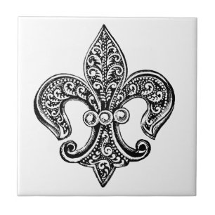 Carreau Fleur de lis en dentelle noir et blanc vintage