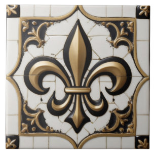 Carreau Fleur de Lis Faux Relief Vintage Noir Blanc Or