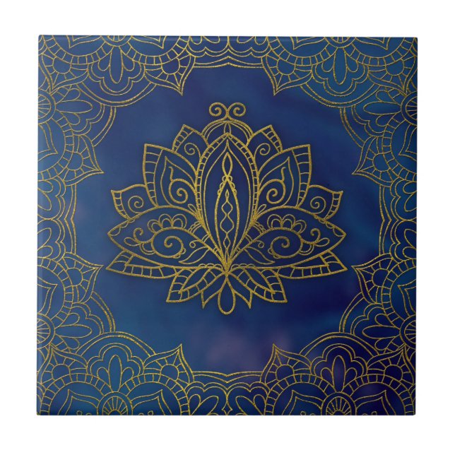 Carreau Fleur de Lotus élégante d'or sur le bleu (Devant)