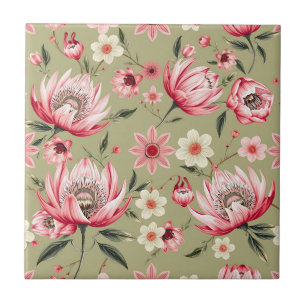 Carreau Fleur de Protea Exotique Botanique Vert Sauge Luxe