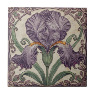 Carreau Fleur d'Iris violette élégante Art nouveau vintage