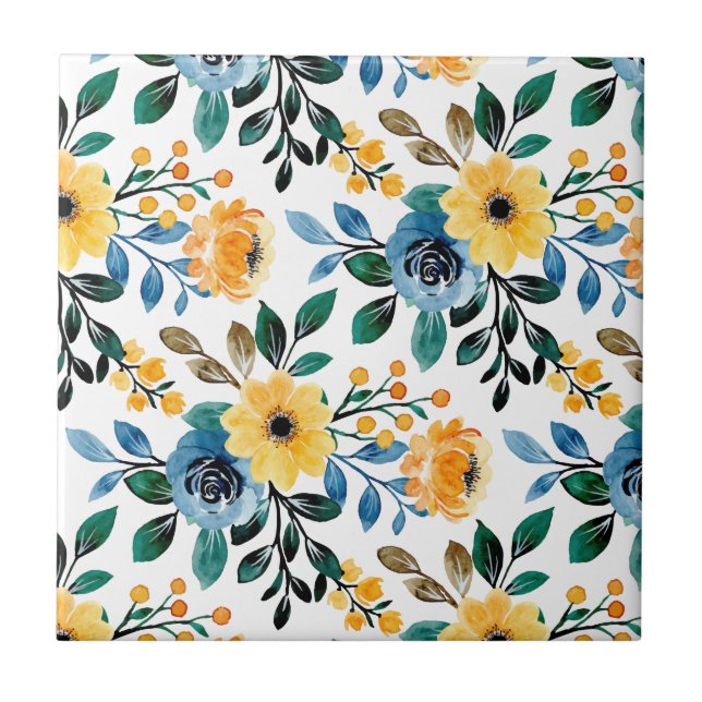 Carreau Fleur florale (4,25 x 4,25) fleurs jaunes bleues (Devant)