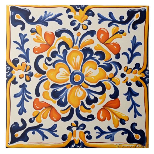 Carreau Fleur Florale Bleue Méditerranéenne et Jaune Sicil (Devant)