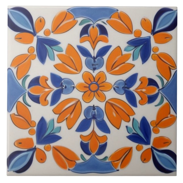 Carreau Fleur Florale Géométrique Bleu Orange Méditerranée (Devant)