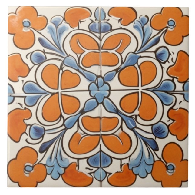 Carreau Fleur Florale Géométrique Bleu Orange Méditerranée (Devant)