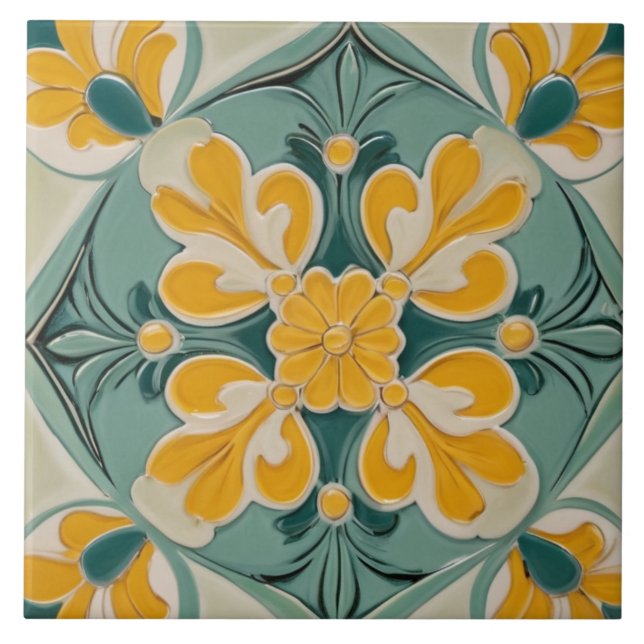 Carreau Fleur géométrique jaune vert méditerranéen (Devant)