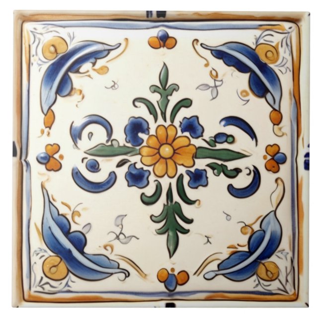 Carreau Fleur Jaune Méditerranée Crème Bleue Florale (Devant)