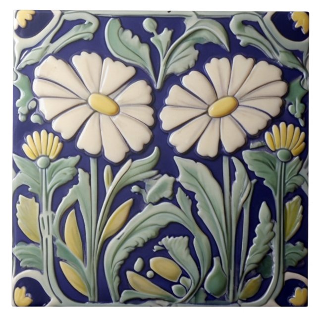 Carreau Fleur marguerite Art Déco Nouveau Vert Bleu (Devant)