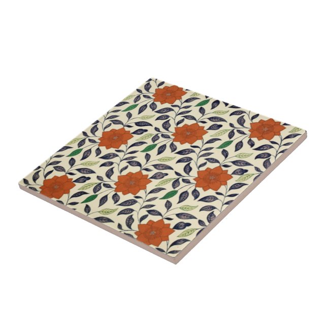 Carreau Fleur orange chinoise ~ Feuilles bleus et verts ~  (Côté)