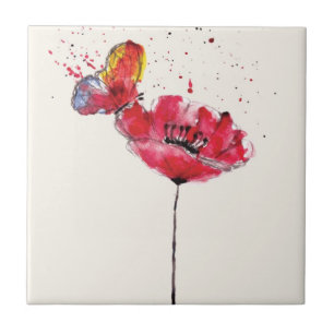 Carreau Fleur peinte stylisée de pavot d'aquarelle