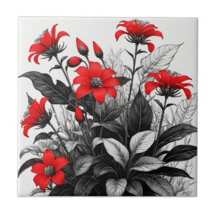 Carreau Fleur rouge sur Plante noir blanc