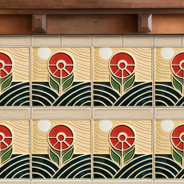 Carreau Fleur rouge Symétrie du milieu du siècle Arts et a (Créateur téléchargé)