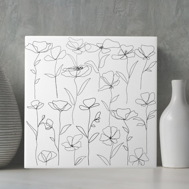 Carreau Fleur sauvage de pavot noir et blanc minimal flora (Close up)
