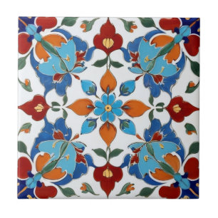 Carreau Fleur turque Iznik Rouge Orange Bleu Blanc Floral