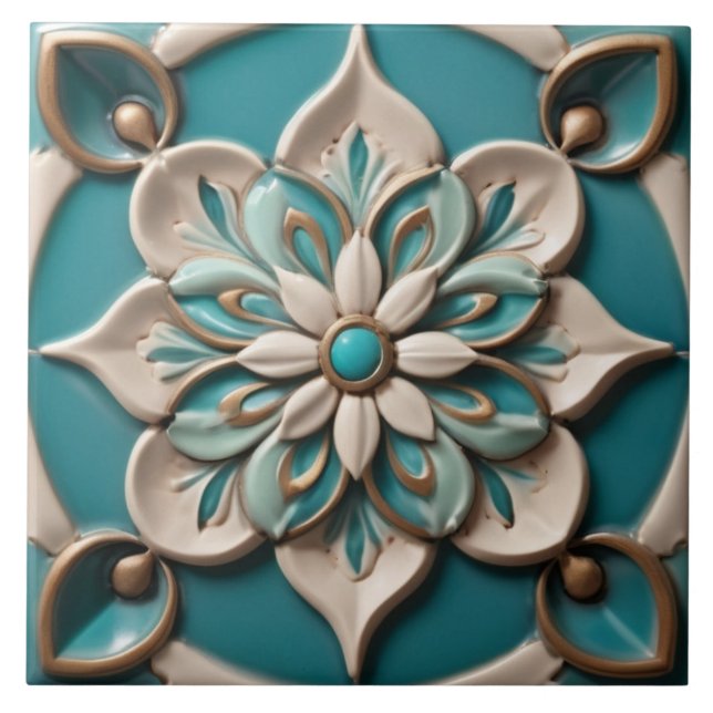 Carreau Fleur turquoise Daisy Faux Relief Boho Floral (Devant)