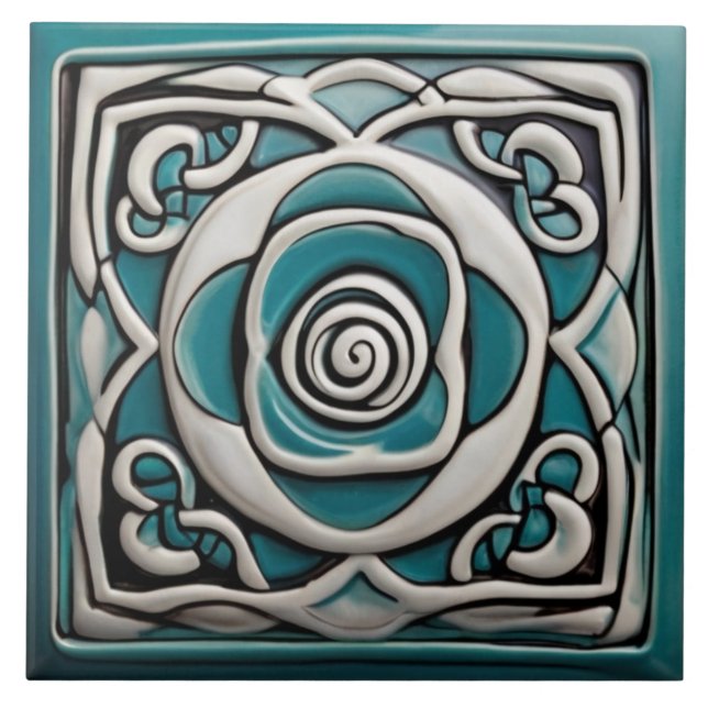 Carreau Fleur Turquoise et Rose blanche d'inspiration celt (Devant)