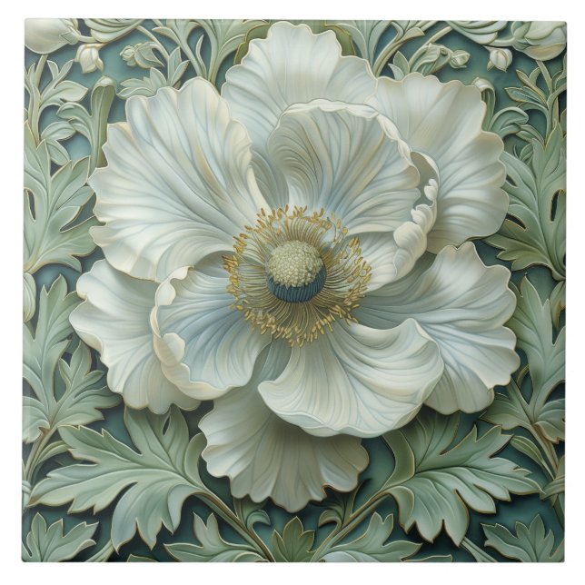 Carreau Fleur verte de Sage blanc Art Nouveau (Devant)