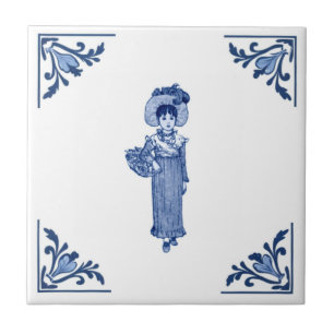 Carreau Fleur vintage Fille Delft Coin Bleu et Blanc