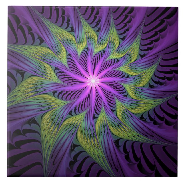 Carreau Fleuron vert violet Art Abstrait fractal moderne (Devant)