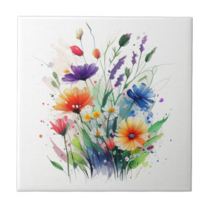 Carreau Fleurs aquarelle orange violet rouge bleu