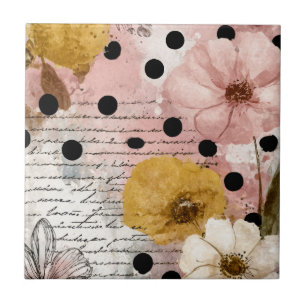 Carreau Fleurs aquarelles vintage écriture à pois Art (2)