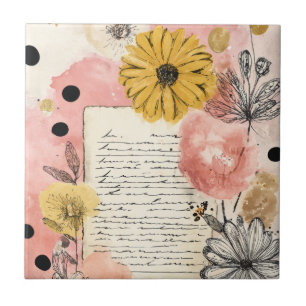 Carreau Fleurs aquarelles vintage écriture à pois Art (6)