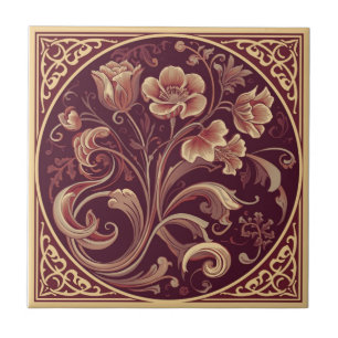 Carreau Fleurs Art Nouveau bordeaux et or vintage 