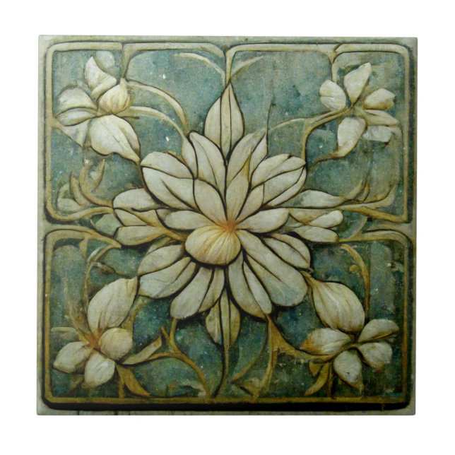 Carreau Fleurs Art Nouveau sur Muted French Pastel Blue (Devant)