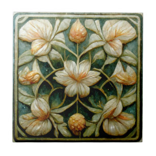 Carreau Fleurs blanches Art nouveau, Arrière - plan bleu f
