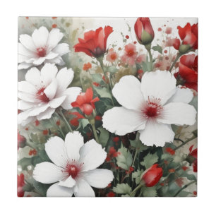 Carreau Fleurs blanches et rouges Elégante aquarelle