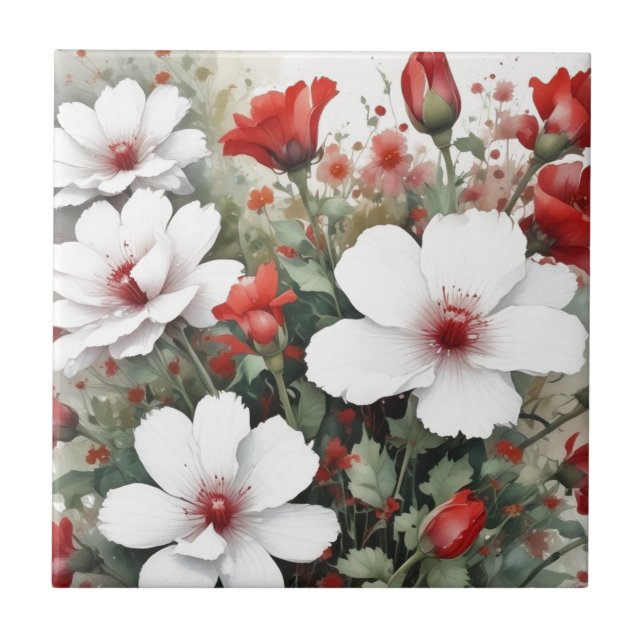 Carreau Fleurs blanches et rouges Elégante aquarelle (Devant)