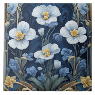 Carreau Fleurs bleues et blanches Art Déco Art Nouveau Flo