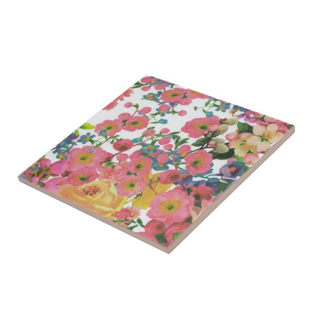 Carreau Fleurs botaniques florales roses colorées (Côté)