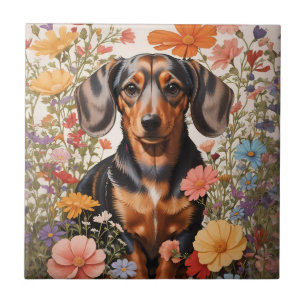 Carreau Fleurs Brown De Dachshund Et Cosmos