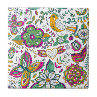 Carreau Fleurs colorées oiseaux et papillons motif