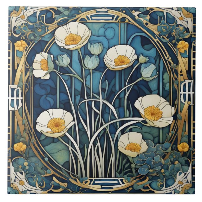 Carreau Fleurs d'anémones Art Déco Art Nouveau Bleu Floral (Devant)