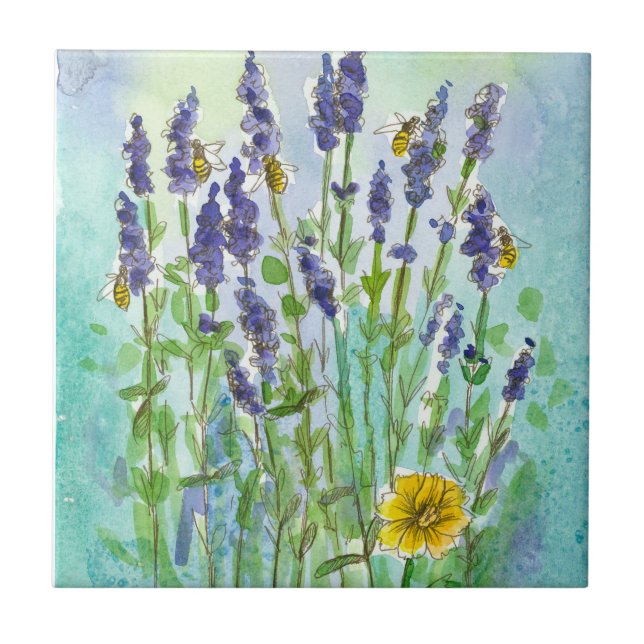 Carreau Fleurs d'aquarelle de lavande d'abeilles miel (Devant)