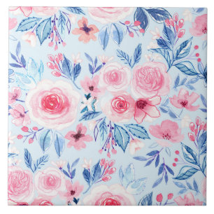 Carreau Fleurs d'aquarelle et feuilles 2