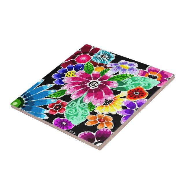 Carreau Fleurs d'art folklorique génoise multicolore (Côté)