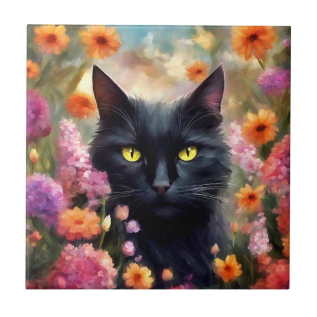 Carreau Fleurs de chats noirs Jardin Chat 736 (Devant)