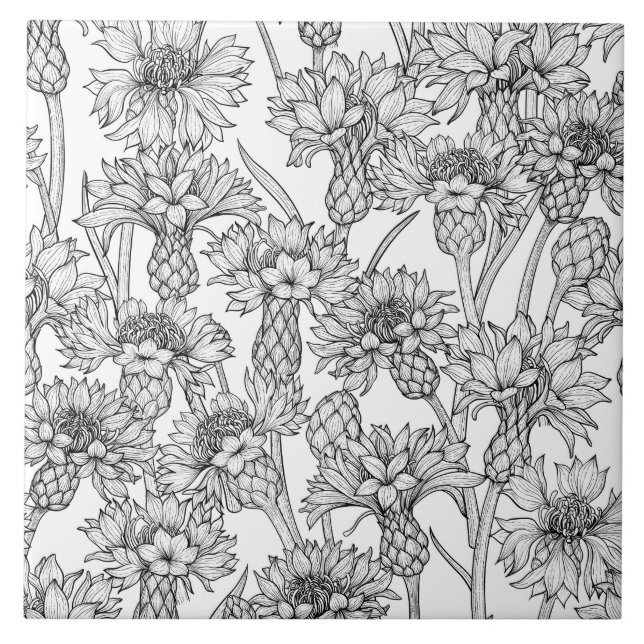 Carreau Fleurs de Cornflowers, fleurs sauvages en noir et  (Devant)