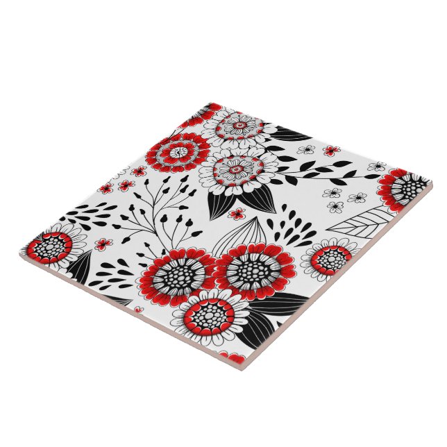Carreau Fleurs de gribouillis et feuilles en rouge et noir (Côté)