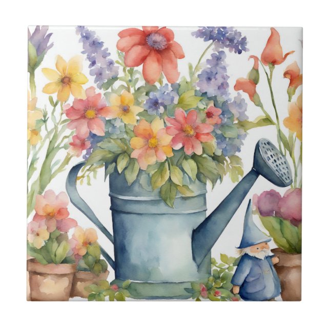 Carreau Fleurs de jardin et arrosage peuvent aquarelle (Devant)