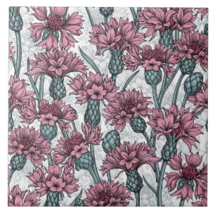 Carreau Fleurs de maïs roses, fleurs sauvages sur blanc