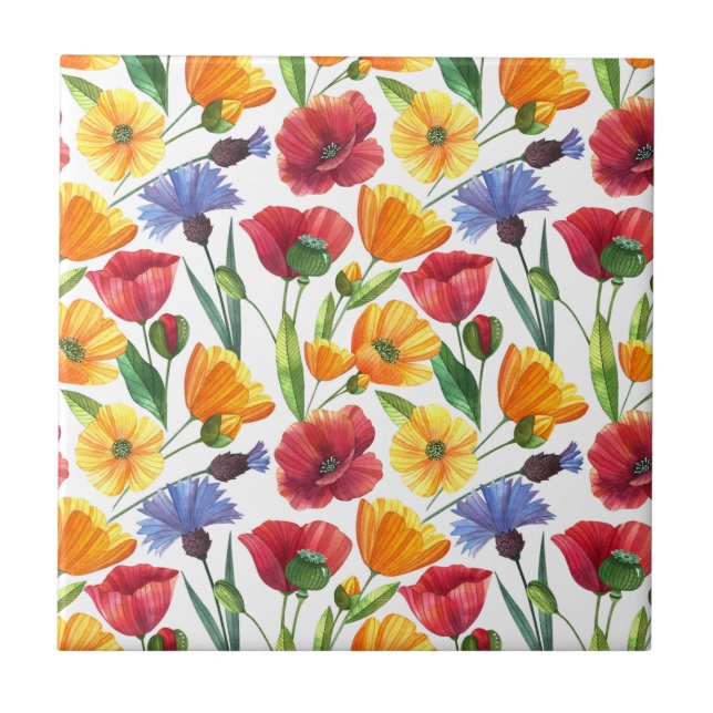 Carreau Fleurs de pavot rouge et jaune élégantes, Fleurs d (Devant)