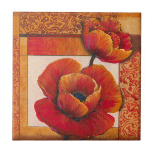 Carreau Fleurs de pavot sur Tan et Arrière - plan orange