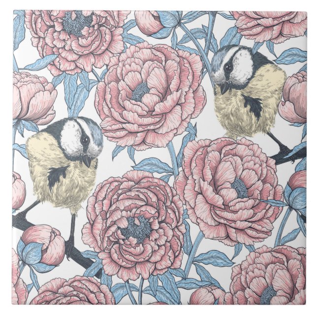 Carreau Fleurs de pivoines et oiseaux (Devant)
