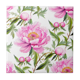 Carreau Fleurs de pivoines roses avec Feuilles verts Sage