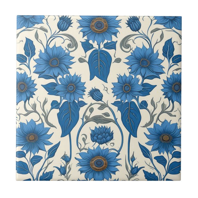 Carreau Fleurs de soleil bleues et feuilles (Devant)